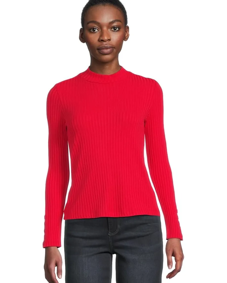 Liverpool Los Angeles Long Sleeve Mock Neck Knit Top With Button Detail Tango Red Sale