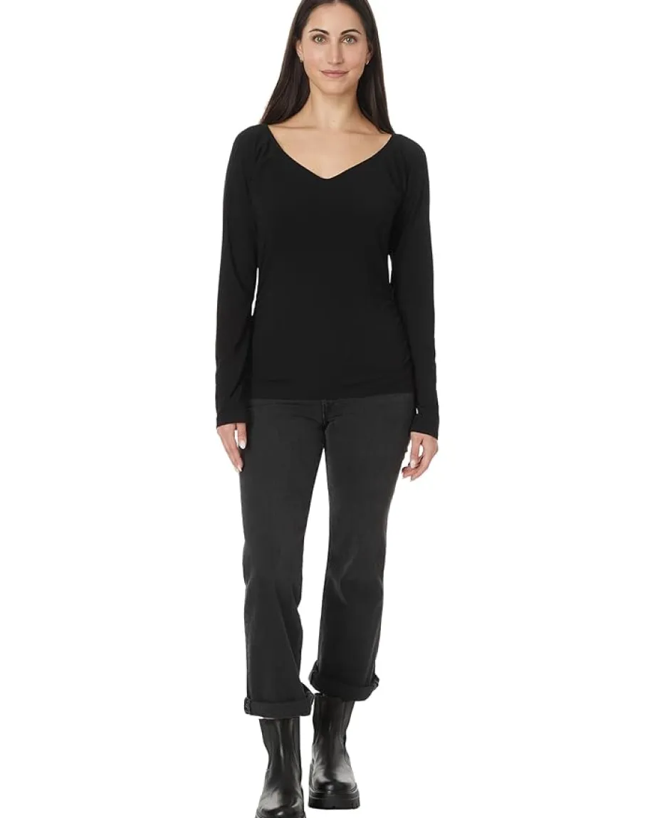 Mod-o-doc Long Sleeve Open Neck Fitted Tee Black Clearance