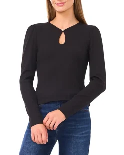 CeCe Long Sleeve Pearl Keyhold Knit Top Rich Black