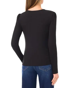CeCe Long Sleeve Pearl Keyhold Knit Top Rich Black