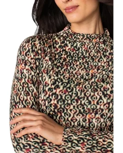 Women Liverpool Los Angeles Long Sleeve Pleasted Mock Neck Knit Top with Shirring