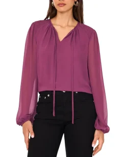 Women Vince Camuto Long Sleeve Ruched Shoulder Tie Neck Blouse
