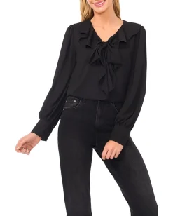CeCe Long Sleeve Ruffle Tie Neck Top Rich Black Clearance