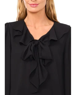 CeCe Long Sleeve Ruffle Tie Neck Top Rich Black Clearance