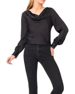 CeCe Long Sleeve Satin Cowl Neck Top Rich Black Hot
