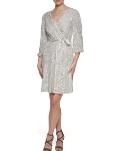 DKNY Long Sleeve Sequin Surplice Faux Wrap Silver Discount