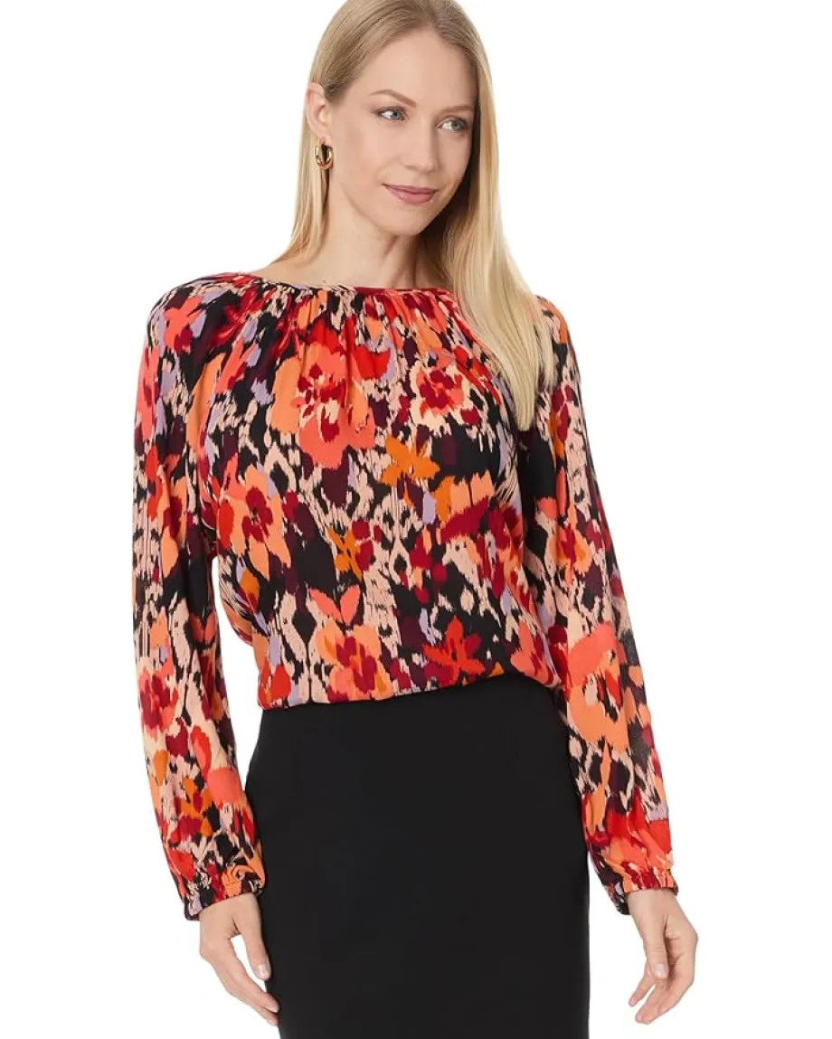 Liverpool Los Angeles Long Sleeve Shirred Woven Blouse Crepe Georgette Burnt Orange Floral Sale