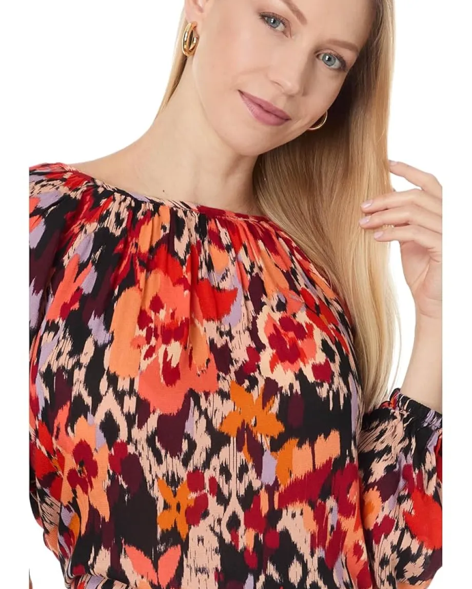 Liverpool Los Angeles Long Sleeve Shirred Woven Blouse Crepe Georgette Burnt Orange Floral Sale