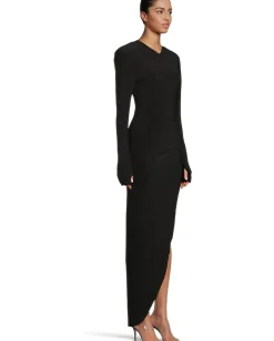 Women Norma Kamali Long Sleeve Shoulder Pad V-Neck Side Drape Gown