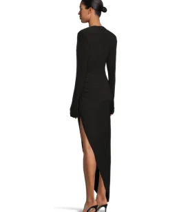 Women Norma Kamali Long Sleeve Shoulder Pad V-Neck Side Drape Gown