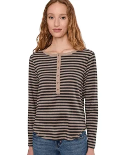 Mod-o-doc Long Sleeve Slim Shirttail Henley Dark Oat/Charcoal Stripe Clearance