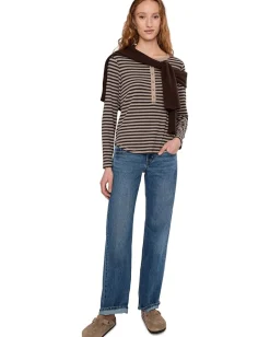 Mod-o-doc Long Sleeve Slim Shirttail Henley Dark Oat/Charcoal Stripe Clearance