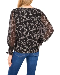 Women CeCe Long Sleeve Smocked Cuff Clip Dot Top