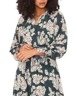 Vince Camuto Long Sleeve Smocked Waist Tiered Ruffle Forest Night Hot