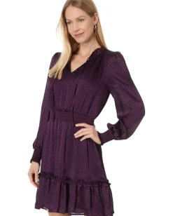 CeCe Long Sleeve Tie Neck Short Dress With Smocked Waist Pickled Beet Outlet