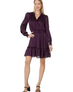 CeCe Long Sleeve Tie Neck Short Dress With Smocked Waist Pickled Beet Outlet