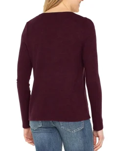 Liverpool Los Angeles Long Sleeve V-Neck Knit Top W/ Shirring Maroon Melange New