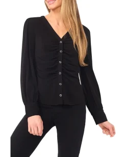 Women CeCe Long Sleeve V-neck Shirred Button Down Knit
