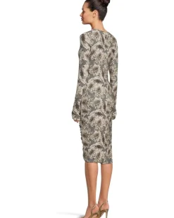 Norma Kamali Long Sleeve V-Neck Shirred Front Dress To Knee Fall Flowers Discount