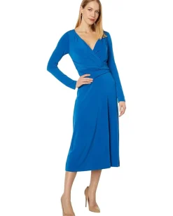Maggy London Long Sleeve V-Neck Wrap Dress Classic Blue Discount