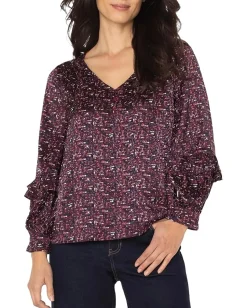 Liverpool Los Angeles Long Sleeve Woven Blouse W/ Ruffles Burgundy Multi Sale