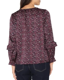 Liverpool Los Angeles Long Sleeve Woven Blouse W/ Ruffles Burgundy Multi Sale