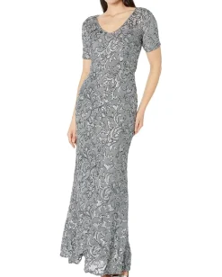 Women Alex Evenings Long V-Neck Dress with Short Sleeve