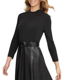Women Calvin Klein Matte Jersey Pu Leather Belted Aline Combo