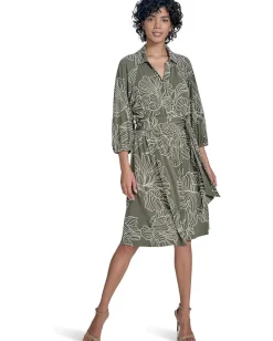 Calvin Klein Matte Jersey Puff Sleeve Self Tie Aline Caper/Antiqe White Hot