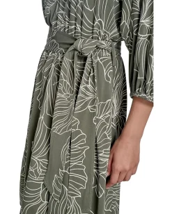 Calvin Klein Matte Jersey Puff Sleeve Self Tie Aline Caper/Antiqe White Hot