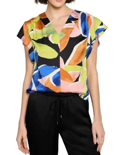 NIC+ZOE Mega Blooms Flutter Woven Top Green Multi