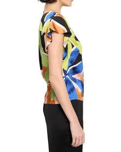 NIC+ZOE Mega Blooms Flutter Woven Top Green Multi