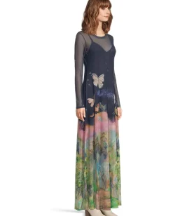 Johnny Was Mesh Long Sleeve Maxi Dress (slip)- Aurelius Clearance
