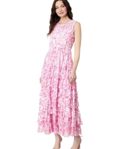 Vince Camuto Mesh Ruffled Maxi Dress Hot Pink