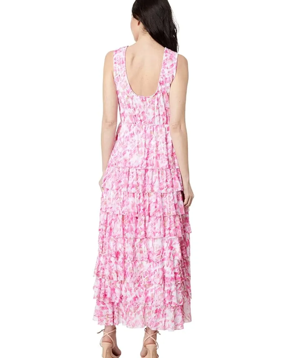 Vince Camuto Mesh Ruffled Maxi Dress Hot Pink