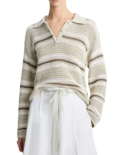 Women Vince Mesh Stripe Button Polo