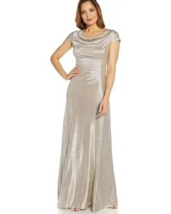 Adrianna Papell Metallic Knit Drape Neck Gown Alabaster Hot