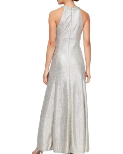 Women Alex Evenings Metallic Knit Long Halter Neck Dress with Ruched Waist