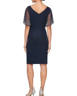 Alex Evenings Metallic Knit Short Dress with Embellished Flutter Sleeve Dark Navy New