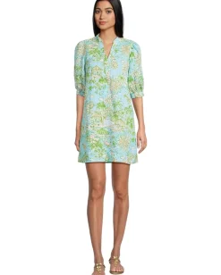 Lilly Pulitzer Mialeigh Elbow Sleeve Linen Fresh Water Blue Sunbathers Bliss Clearance