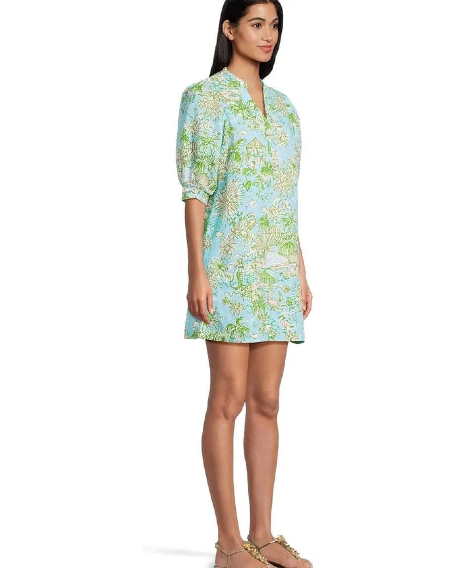 Lilly Pulitzer Mialeigh Elbow Sleeve Linen Fresh Water Blue Sunbathers Bliss Clearance