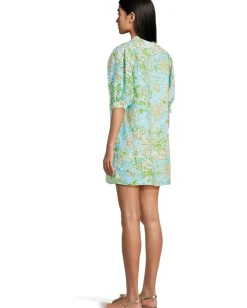 Lilly Pulitzer Mialeigh Elbow Sleeve Linen Fresh Water Blue Sunbathers Bliss Clearance