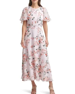 Calvin Klein Midi Chiffon Dress with Flutter Sleeves Blsh Multi Sale