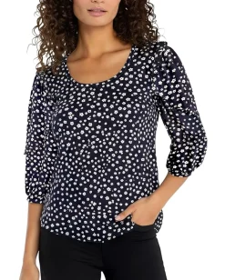 Liverpool Los Angeles Mid-length Ruffle Sleeve Scoop Neck Knit Top Navy/White Ditsy Online