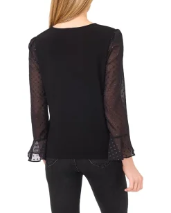CeCe Mixed Media 3/4 Sleeve Knit Top Rich Black New
