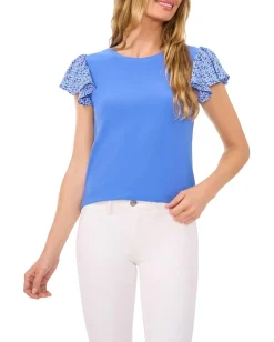 CeCe Mixed Media Flutter Sleeve Knit Top Tropic Night Clearance