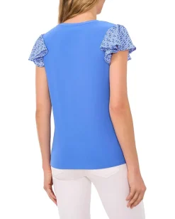 CeCe Mixed Media Flutter Sleeve Knit Top Tropic Night Clearance