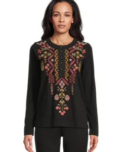 Johnny Was Mixed Media Henley T-shirt Black New