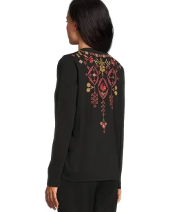 Johnny Was Mixed Media Henley T-shirt Black New