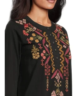 Johnny Was Mixed Media Henley T-shirt Black New